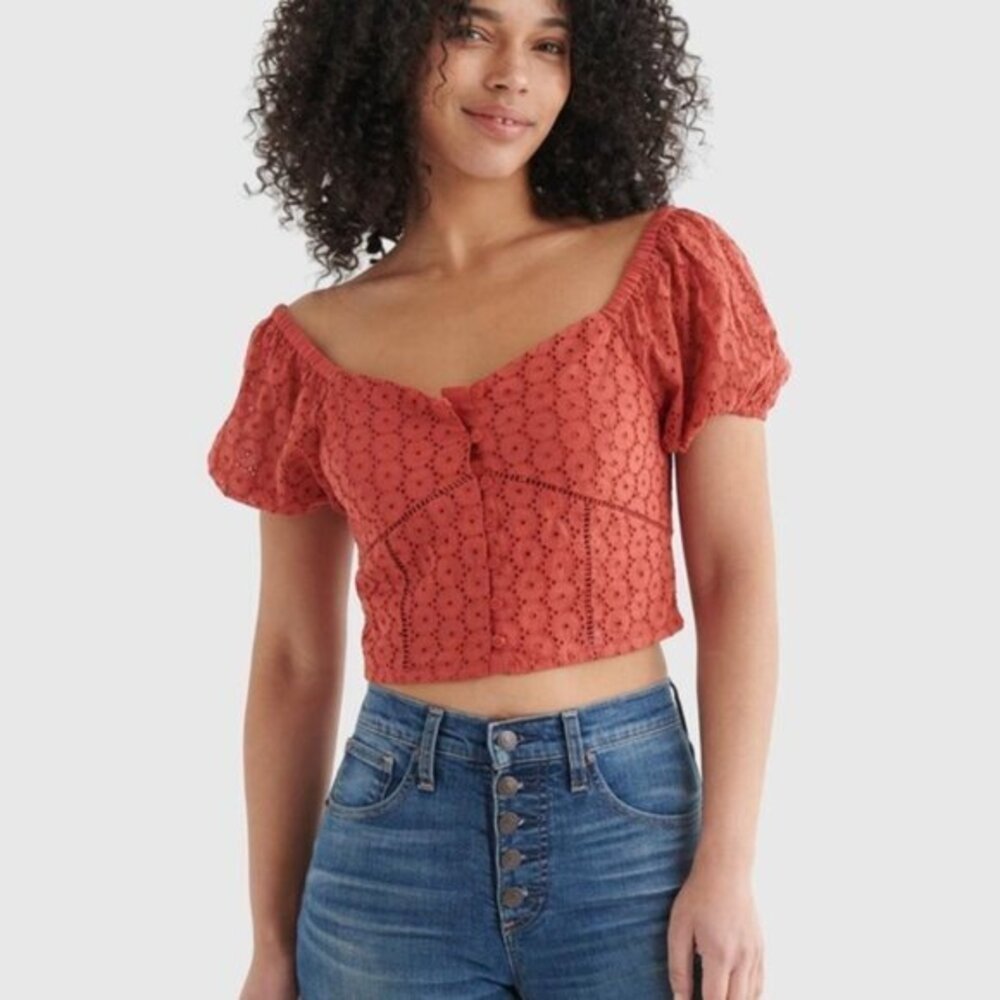 Lucky Brand Berry Eyelet Lace Crop Top Boho Puff Sleeve With Smocked Back Size L